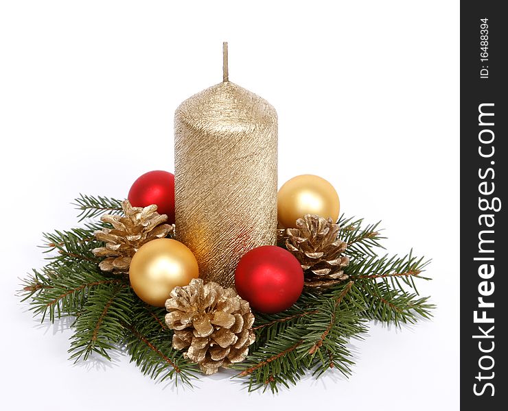 Gold candle with the baubles and cones. Gold candle with the baubles and cones