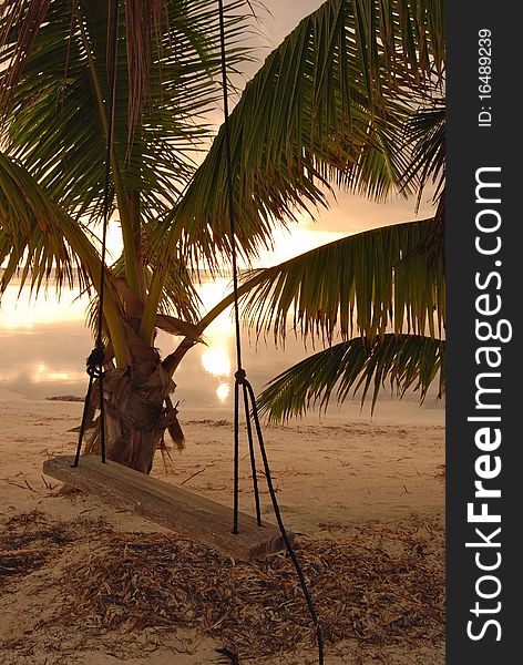 Sunlrise on coast of Ambergris Caye, Belize with cloudy skies, wooden swing, and palm tree. Sunlrise on coast of Ambergris Caye, Belize with cloudy skies, wooden swing, and palm tree