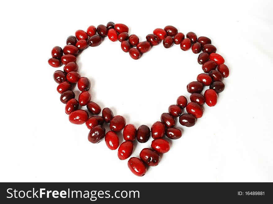 The heart is lined with dogwood berries on a white background