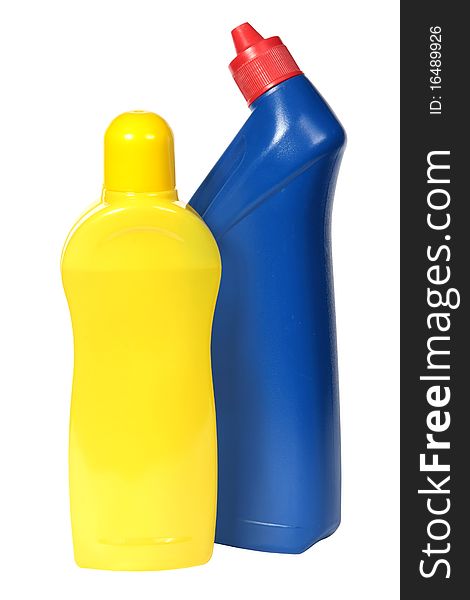 Plastic bottle a spray with the blue cleaner, isolated on a white background