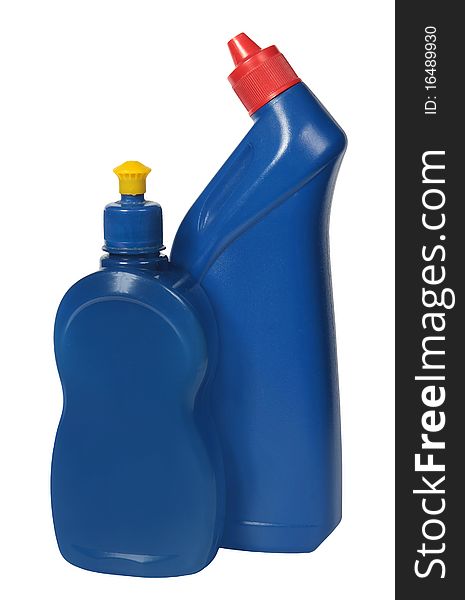 Plastic bottle a spray with the blue cleaner, isolated on a white background