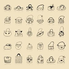 Collection Of Bags, Sketch Drawing For Your Design Royalty Free Stock Photo