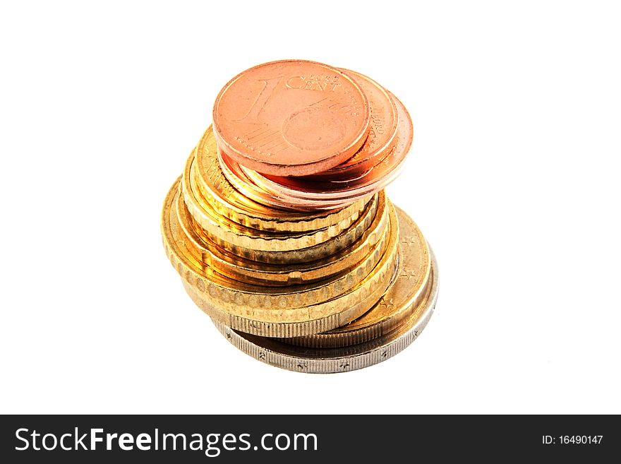 Stack of euro coins on white background