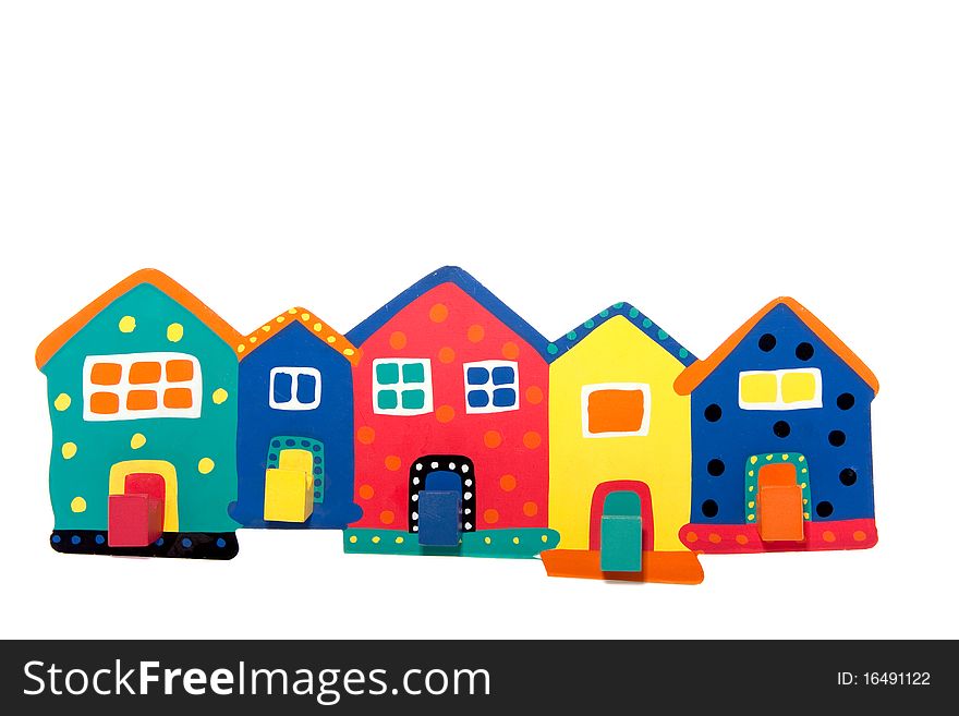 Colorful terraced wooden houses isolated white background