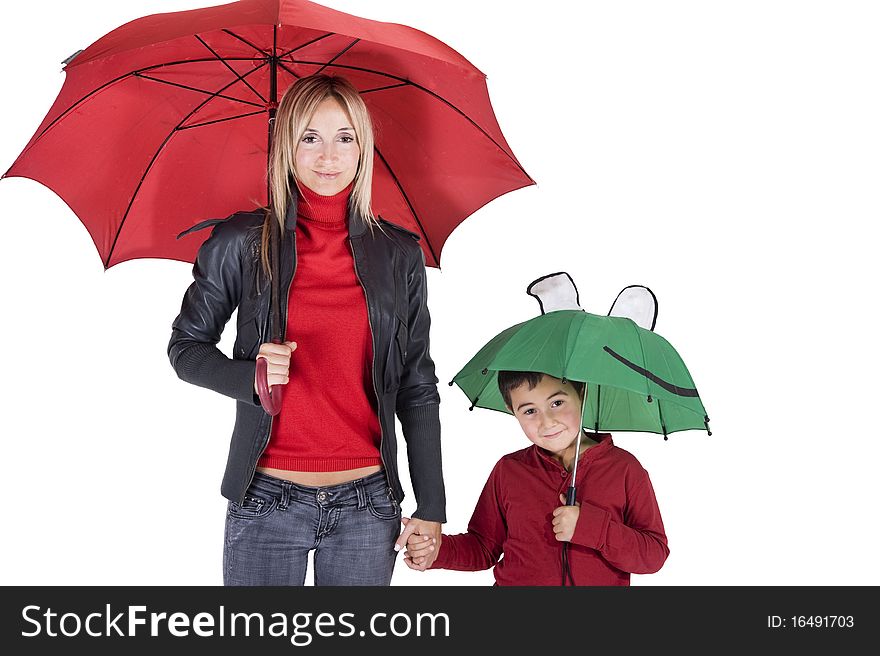 Happy smiling woman and child under their umbrellas. Happy smiling woman and child under their umbrellas