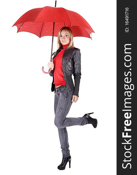 Happy smiling woman under her red umbrella. Happy smiling woman under her red umbrella