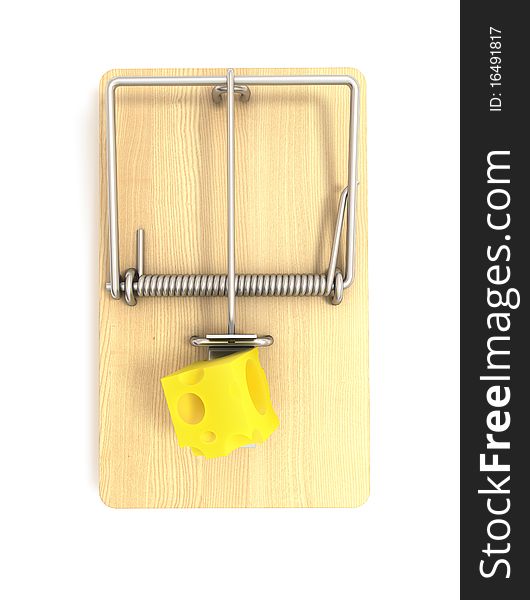 Mousetrap and cheese white background