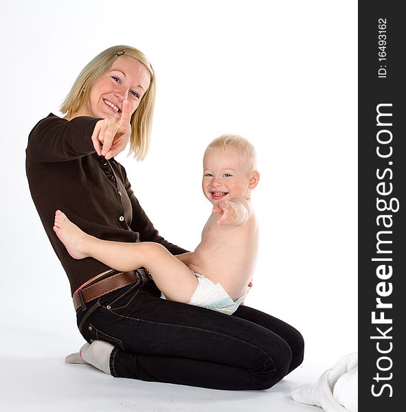 Happy mother with baby, isolated on white background