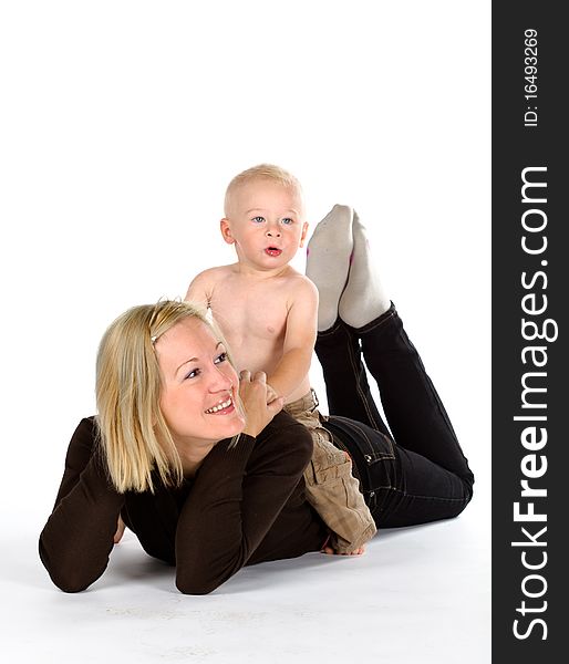 Mother and beautiful child, isolated on white background