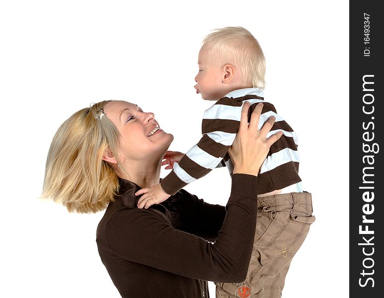 Mother and beautiful child, isolated on white background