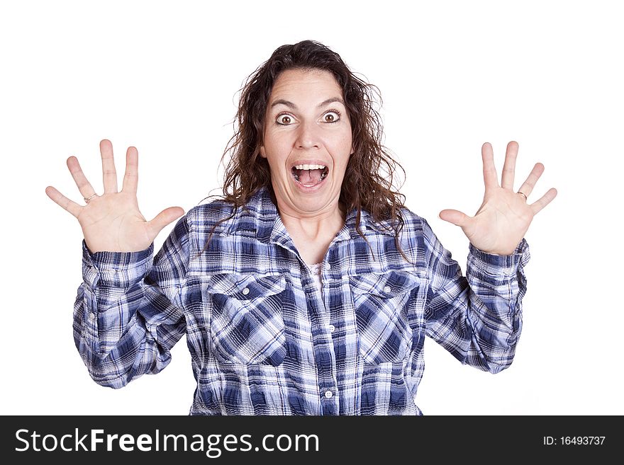 A woman with a surprised expression hands up. A woman with a surprised expression hands up.