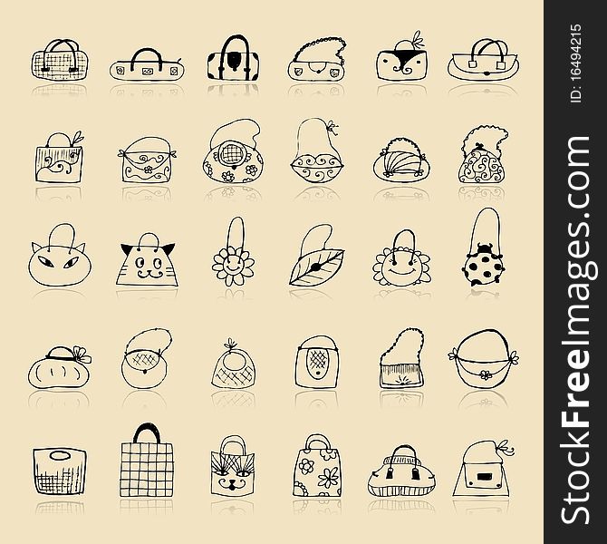 Collection of bags, sketch drawing for your design, illustration