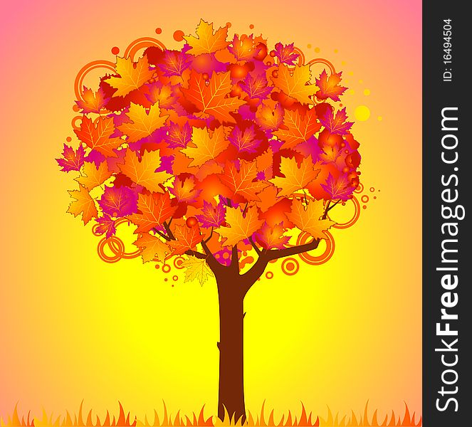 Background with autumnal tree with leaves for a design. Background with autumnal tree with leaves for a design