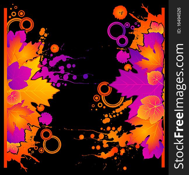 Abstract black background with autumnal leaves and blots.