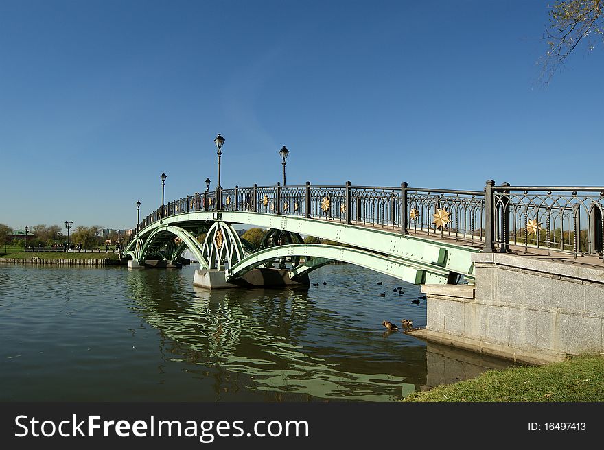 Tsaritsino museum and reserve in Moscow. The bridge across the pond