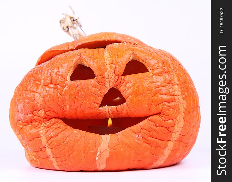 Withered Jack o'lantern on white background