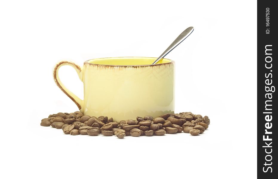 Cup for coffee. Coffee grains. Cup for coffee. Coffee grains.