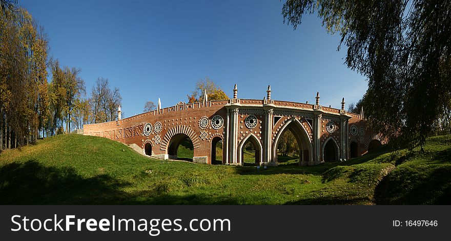 Tsaritsino museum and reserve in Moscow. Bridge (panoramic image). Reconstruction of the 18 th century