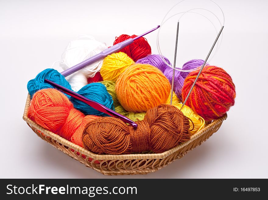 Basket with thread and balls for knitting as a background