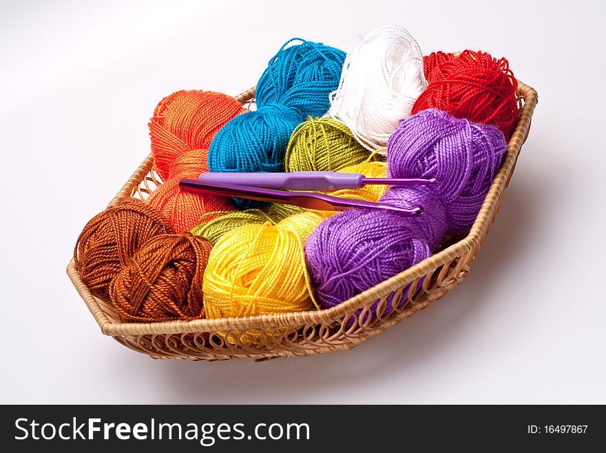 Basket with thread and balls for knitting as a background