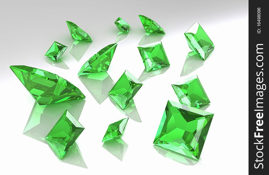 Set of square green topaz stones - 3D rendering