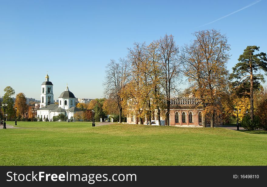 Tsaritsino museum and reserve in Moscow. View of the Church of Our Lady of Life-giving source with a bell tower.