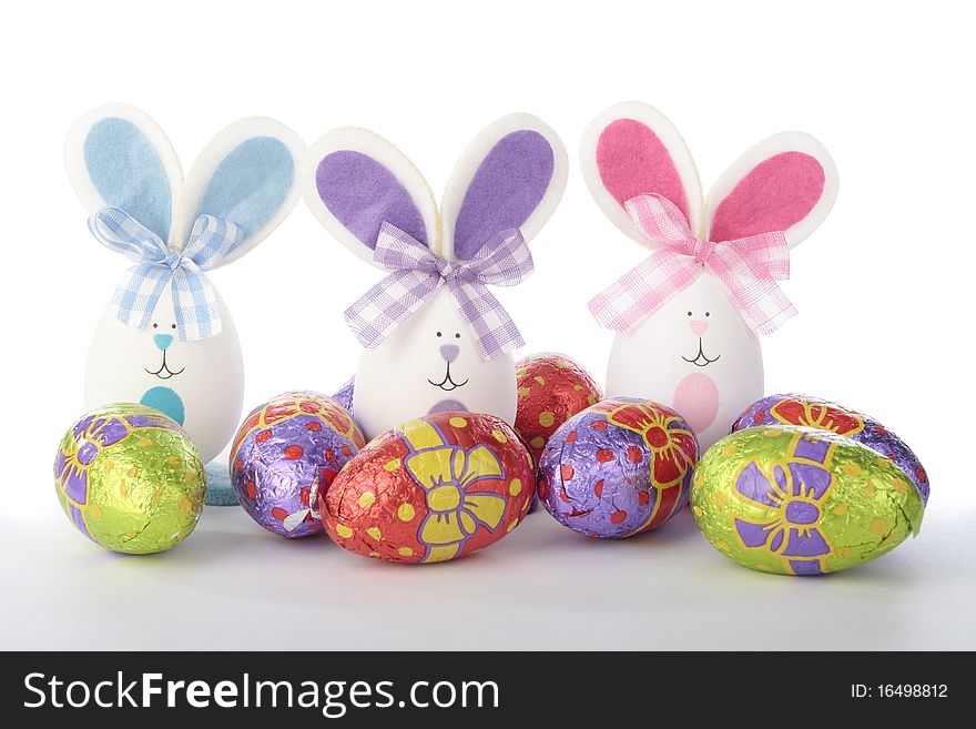 Easter bunnies and chicks with eggs decorations. Easter bunnies and chicks with eggs decorations