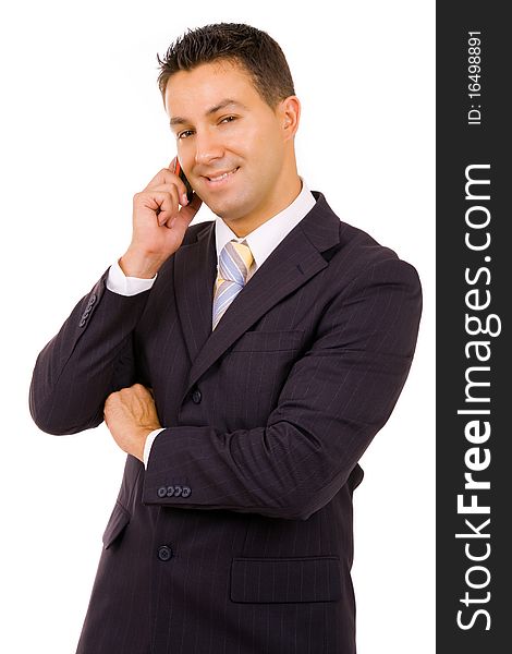 Happy young businessman on the phone, isolated on white