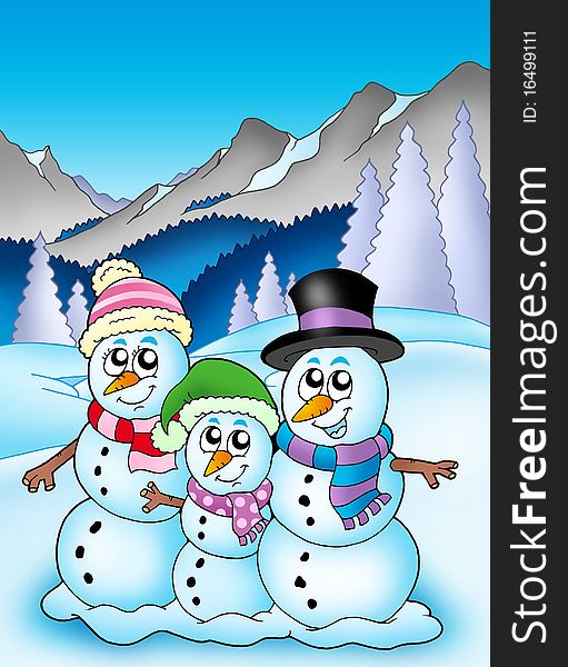 Winter theme with snowman family - color illustration.