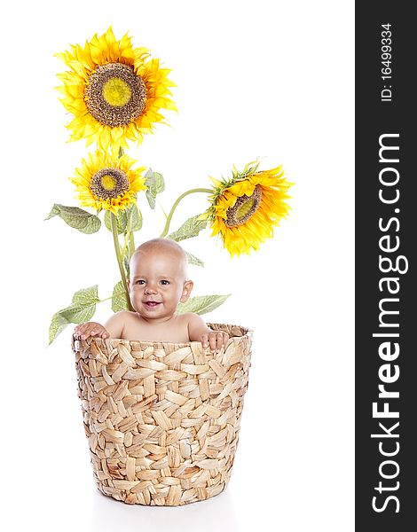 Baby boy with flowers on white background