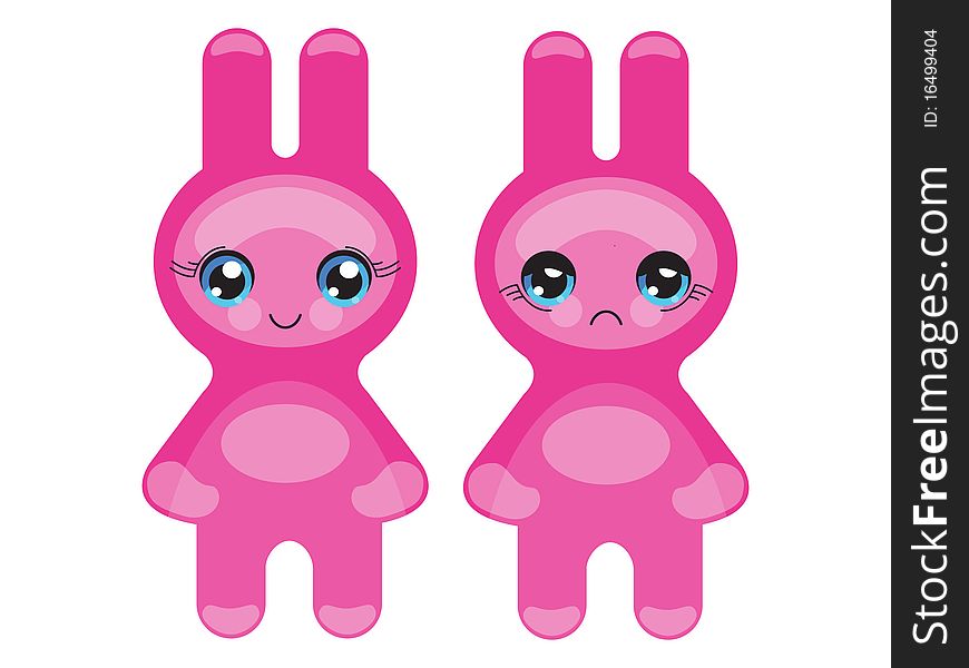 Happy and sad pink bunny emoticon set