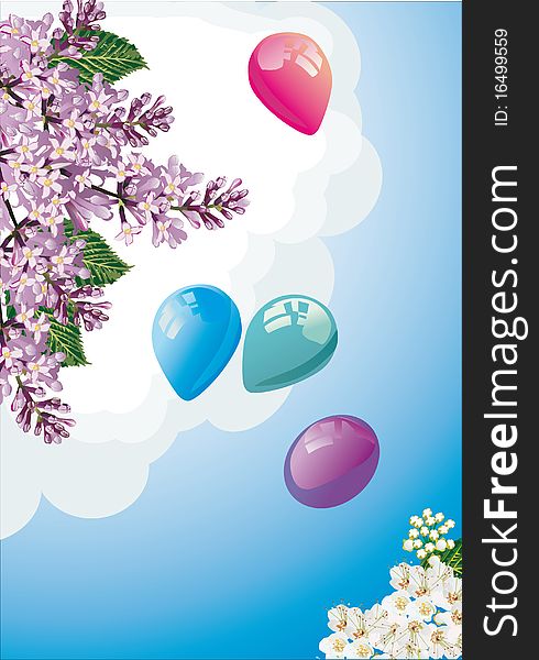 Illustration with balloons and lilac floral branch