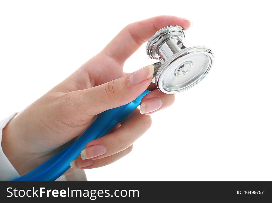 Doctor. Blue stethoscope in hand over white background. Doctor. Blue stethoscope in hand over white background.