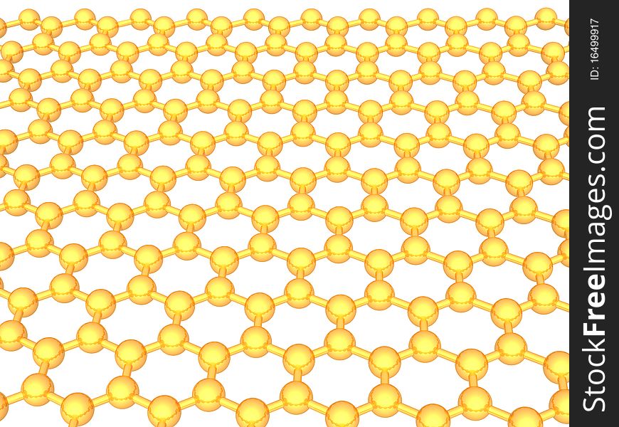 3D rendered yellow gold reflective graphene structure on white background