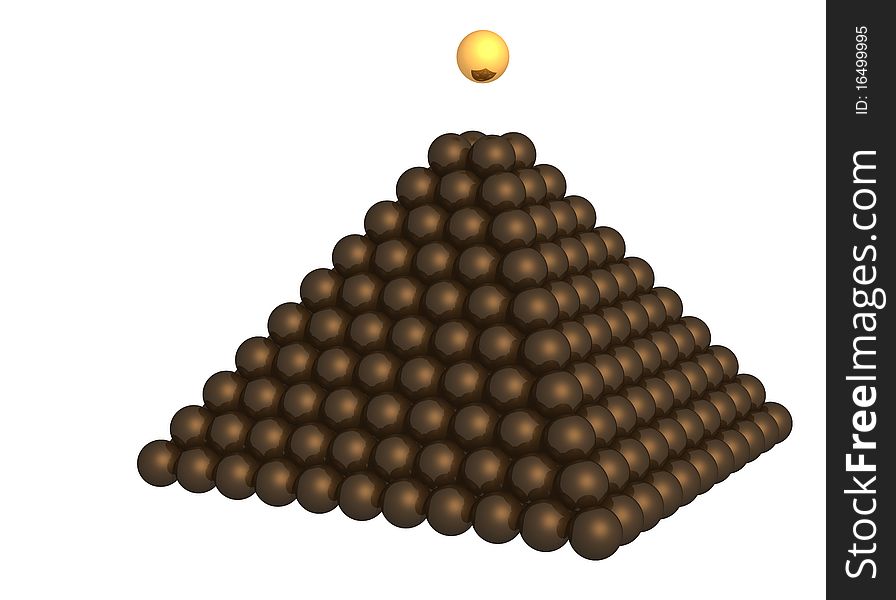 3D rendered glossy pyramid of brown metallic spheres and gold sphere on the top. 3D rendered glossy pyramid of brown metallic spheres and gold sphere on the top