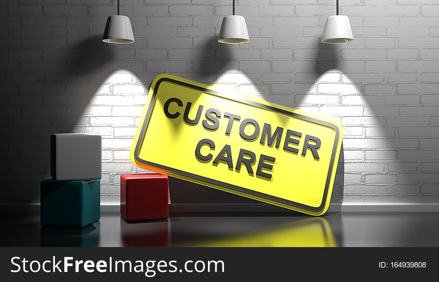 CUSTOMER CARE yellow sign at white wall - 3D rendering illustration