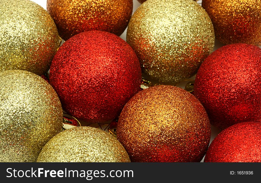 Christmas balls used as ornaments with shiny surfaces and textures