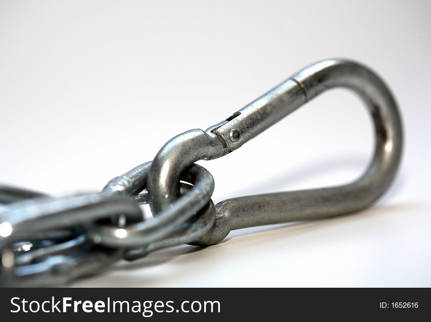 Iron carabiner and a white background