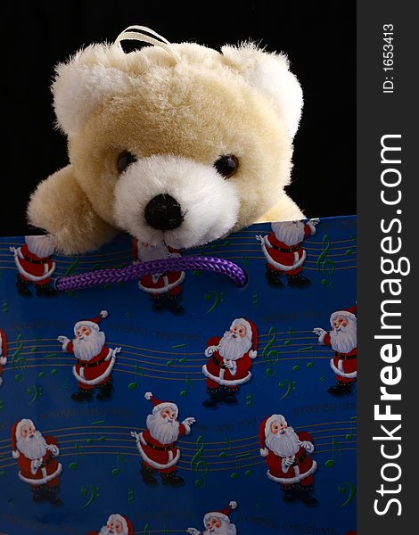 Teddybear in blue christmas bag isolated on black background. Teddybear in blue christmas bag isolated on black background