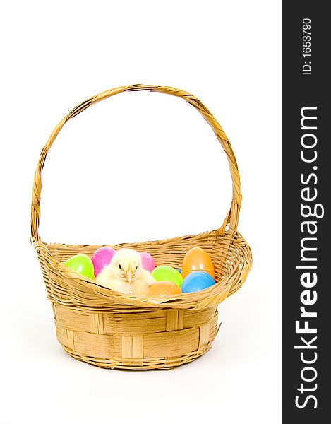 A baby yellow chick sits in a basket with a collection of colorful Easter eggs. A baby yellow chick sits in a basket with a collection of colorful Easter eggs.