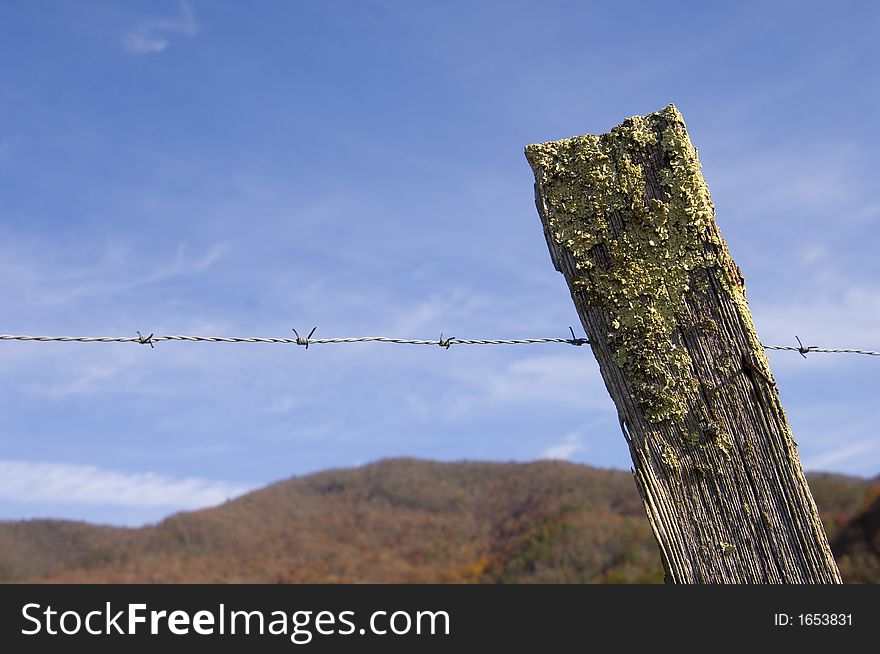 A barbed wire fence is set against a blue sky. A barbed wire fence is set against a blue sky.