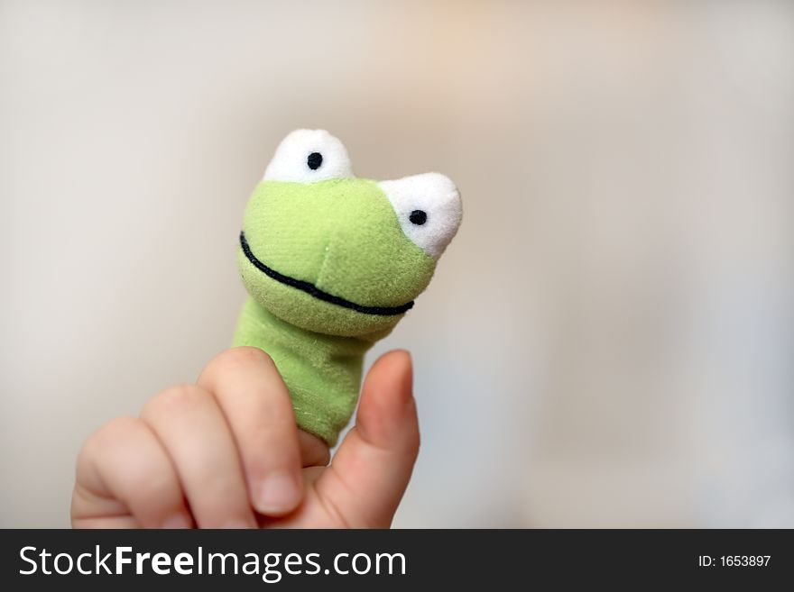 A green frog on a finger of a child