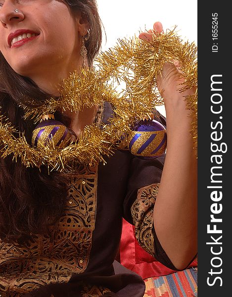 Woman preparing the christmas tree. Woman preparing the christmas tree