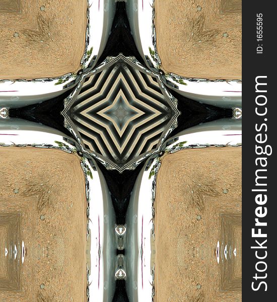 Kaleidoscope cross from photo of chrome motorcycle engine and reflections. Kaleidoscope cross from photo of chrome motorcycle engine and reflections