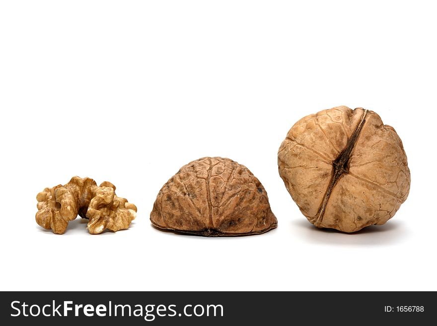 Some brown nuts and a white background