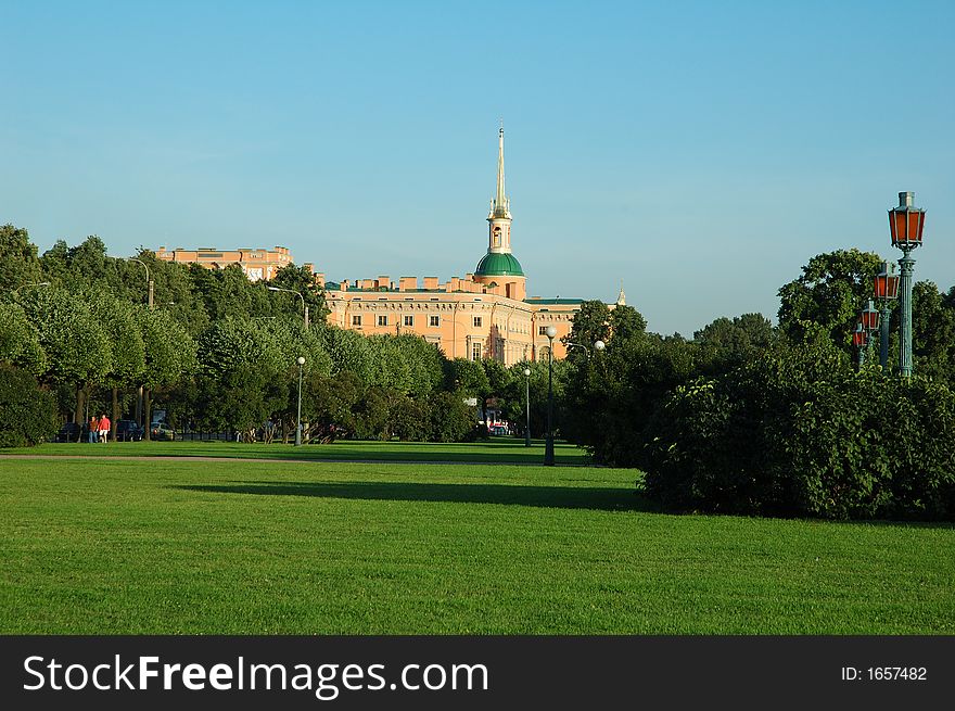 Green glade decorated by trees and building. DSLR image quality. Saint-Petersburg. Green glade decorated by trees and building. DSLR image quality. Saint-Petersburg.