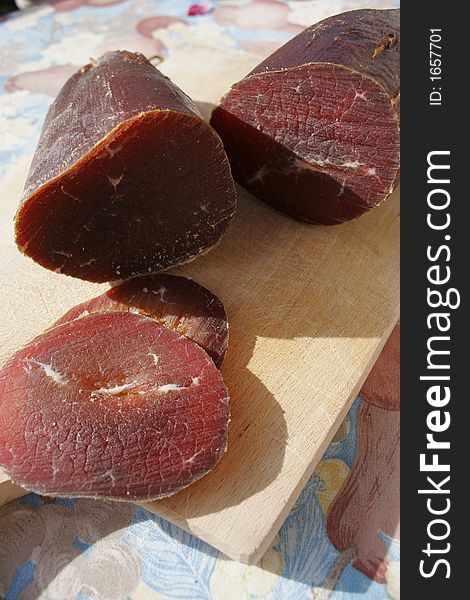 Ham, gammon, smoked, meat, cut, slice, wooden, board, delicate