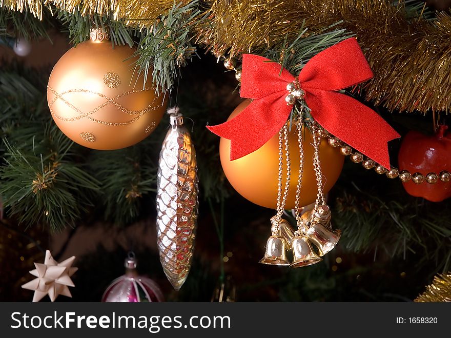 Beauty christmas tree decoration close-up. Beauty christmas tree decoration close-up