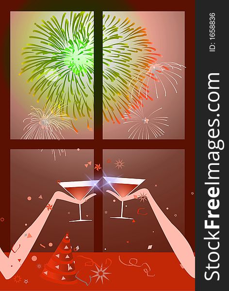 Illustration of two people having a glass of wine with fireworks on the sky. Illustration of two people having a glass of wine with fireworks on the sky.