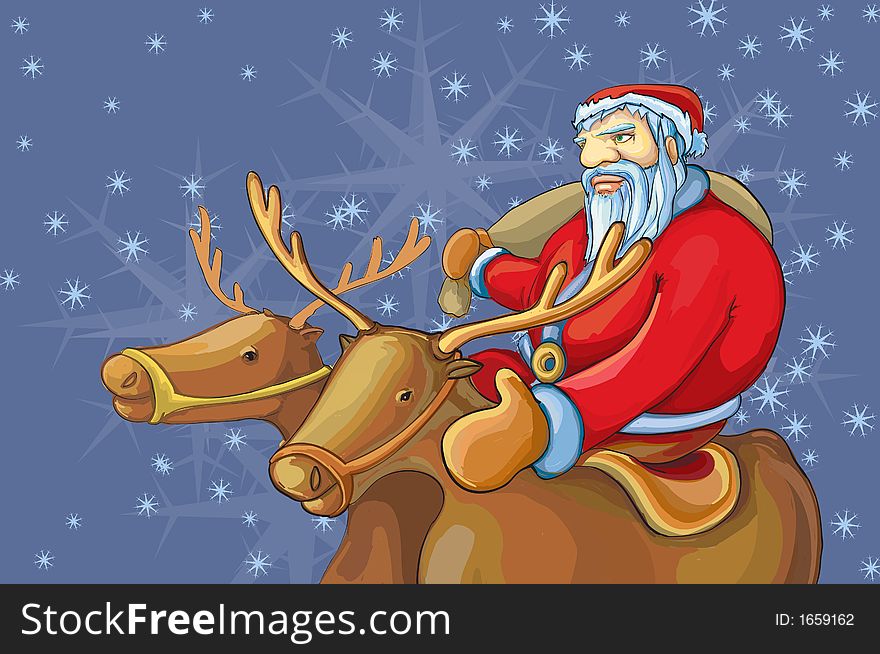 Santa in a way to a place with deers